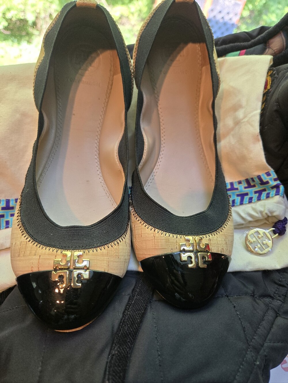 Tory Burch Black & Natural Cap-Toe Reva Ballet Flats